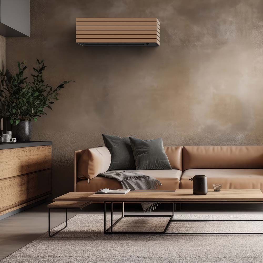 Luftkonditionering/Ac modul med ribbor i trä i vardagsrumsmiljö